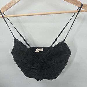 Love Tree Black Crochet Festival Cropped Back Ruched Top Medium